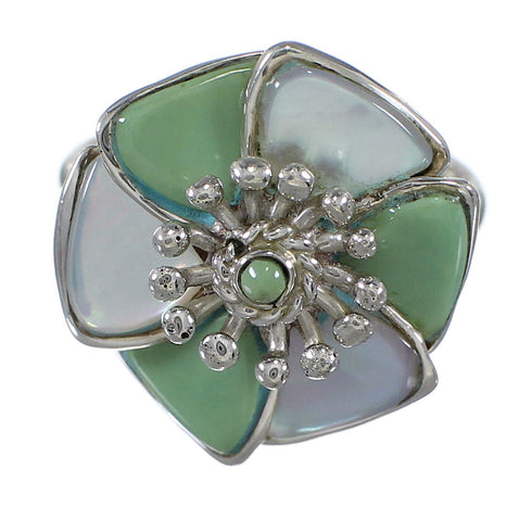 Turquoise Mother Of Pearl Flower Sterling Silver Southwestern Ring Size 8-1/4 QX75817