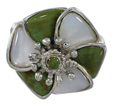 Flower Turquoise Mother Of Pearl Sterling Silver Southwestern Ring Size 7-1/4 QX75844