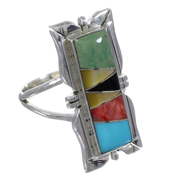 Multicolor Inlay Southwestern Authentic Sterling Silver Ring Size 7-1/4 QX75864
