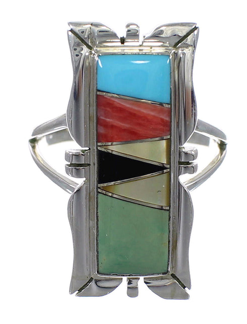 Multicolor Inlay Southwest Genuine Sterling Silver Ring Size 7-1/4 QX75865