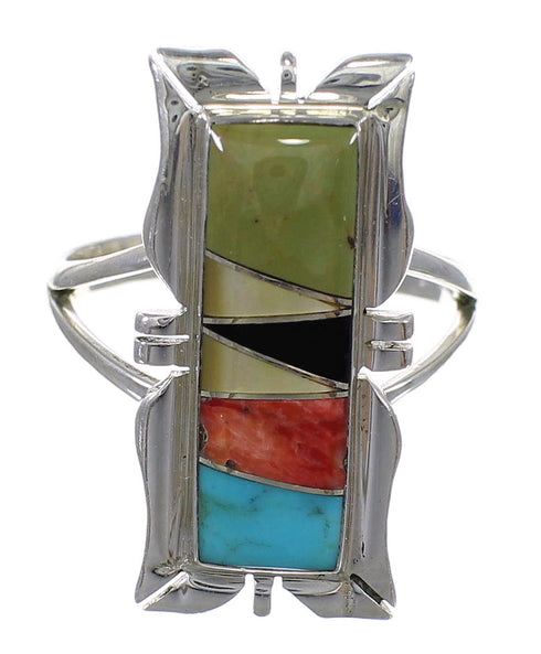 Multicolor Inlay Silver Southwest Ring Size 8-3/4 QX75867