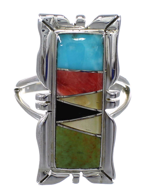 Southwestern Silver Multicolor Inlay Ring Size 8-1/4 QX75877