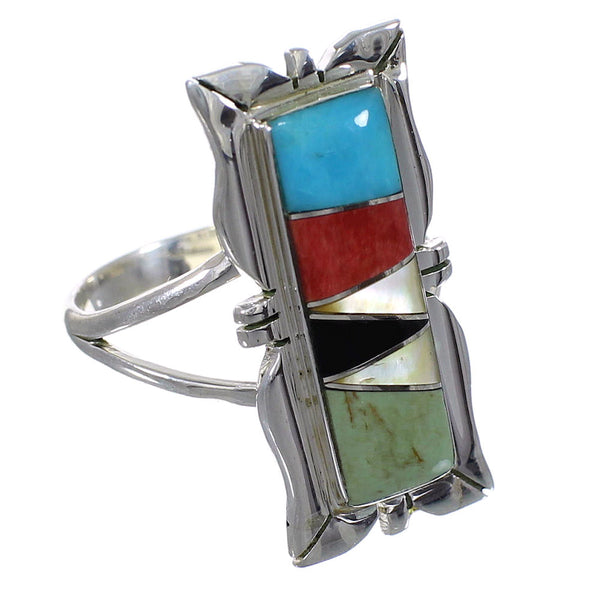 Southwest Sterling Silver Multicolor Inlay Ring Size 5-1/2 QX75881