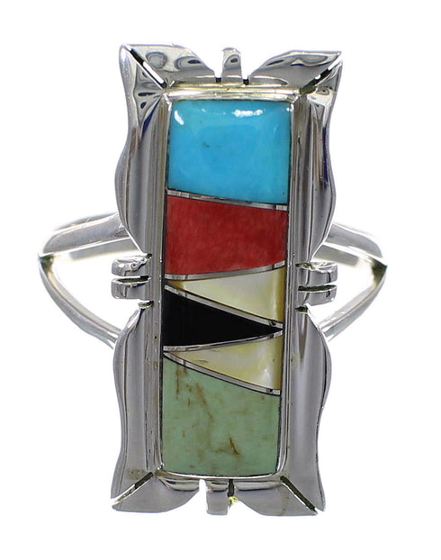 Southwest Authentic Sterling Silver Multicolor Inlay Ring Size 8-1/4 QX75885