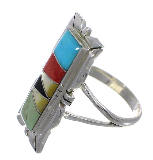 Southwestern Sterling Silver Multicolor Inlay Ring Size 6 QX75883