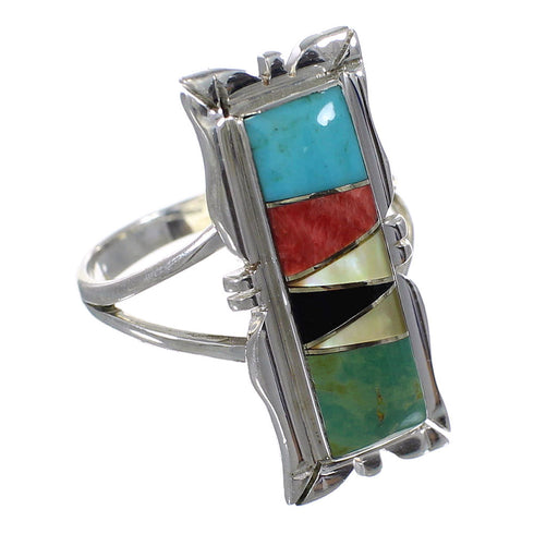 Southwestern Authentic Sterling Silver Multicolor Inlay Ring Size 4-3/4 QX75886