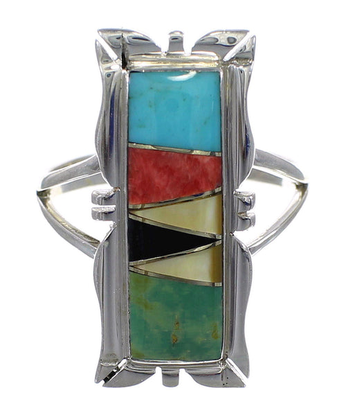 Southwest Genuine Sterling Silver Multicolor Inlay Ring Size 5 QX75888