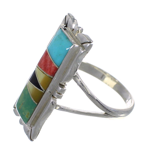 Southwestern Authentic Sterling Silver Multicolor Inlay Ring Size 4-3/4 QX75886