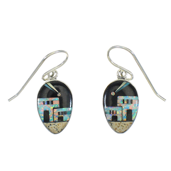 Sterling Silver Multicolor Native American Village Design Hook Dangle Earrings WX78923