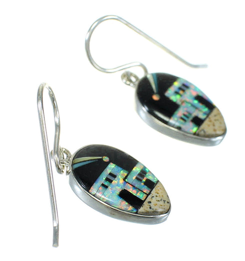 Sterling Silver Multicolor Native American Village Design Hook Dangle Earrings WX78923