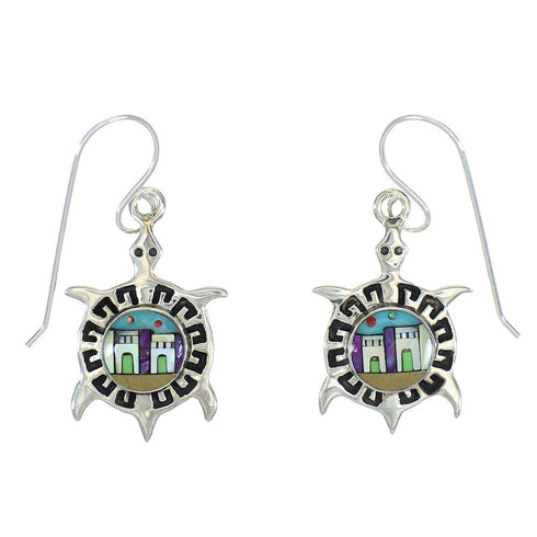 Native American Village Design Multicolor Turtle Silver Water Wave Hook Dangle Earrings WX79060
