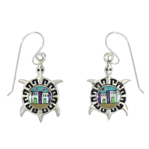 Native American Village Design Multicolor Turtle Silver Water Wave Hook Dangle Earrings WX79060