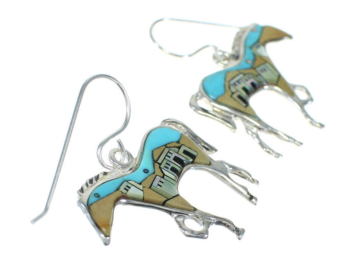 Native American Village Design Multicolor Silver Horse Hook Dangle Earrings WX79071