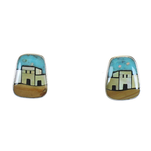 Native American Village Design Silver Multicolor Post Earrings WX79095