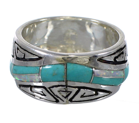 Southwest Authentic Sterling Silver Turquoise Opal Water Wave Ring Size 5-1/4 QX82285