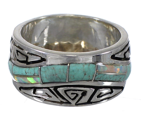 Turquoise Opal Authentic Sterling Silver Southwest Water Wave Ring Size 7-1/4 QX82295