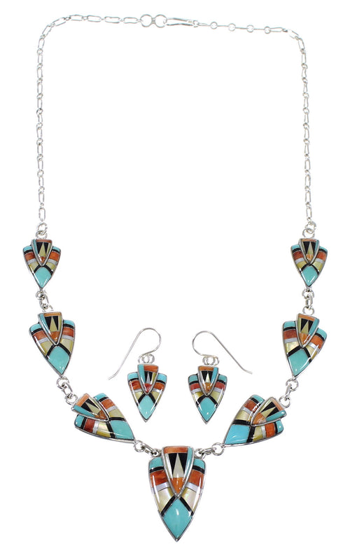 Southwestern Multicolor Inlay Genuine Sterling Silver Link Necklace Set WX71725