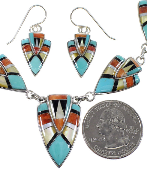 Southwestern Multicolor Inlay Genuine Sterling Silver Link Necklace Set WX71725