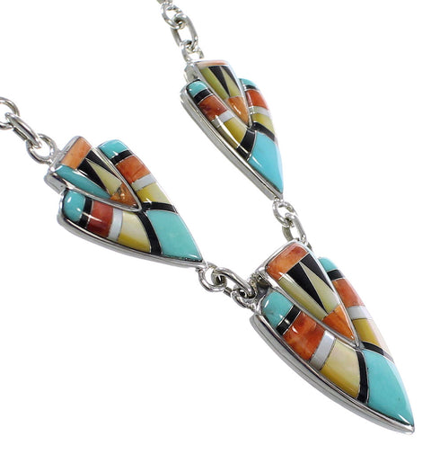 Southwestern Multicolor Inlay Genuine Sterling Silver Link Necklace Set WX71725