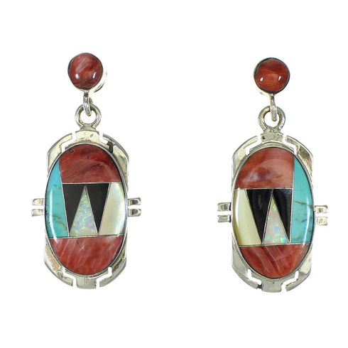 Southwest Silver Multicolor Inlay Post Dangle Earrings MX64416