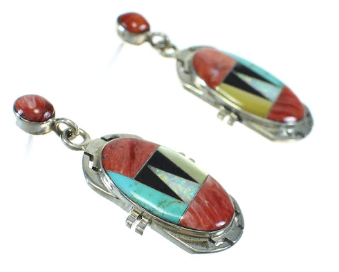 Southwest Silver Multicolor Inlay Post Dangle Earrings MX64416