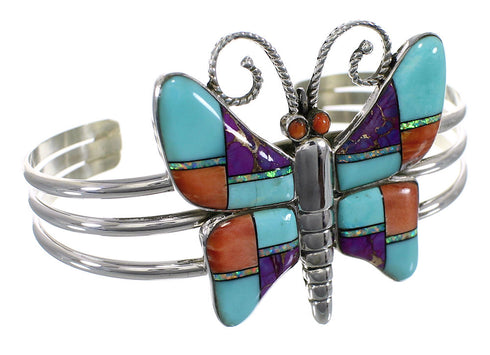 Multicolor Inlay And Genuine Sterling Silver Butterfly Cuff Bracelet VX63879