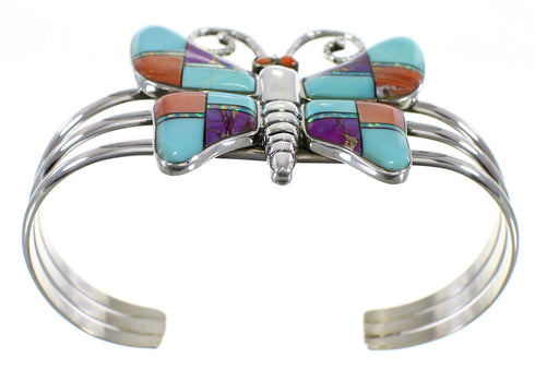 Multicolor Inlay And Genuine Sterling Silver Butterfly Cuff Bracelet VX63879