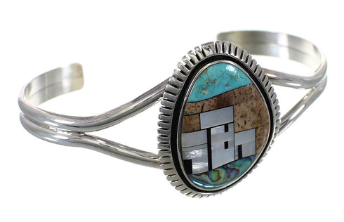 Genuine Sterling Silver And Multicolor Inlay Native American Village Design Cuff Bracelet VX63925
