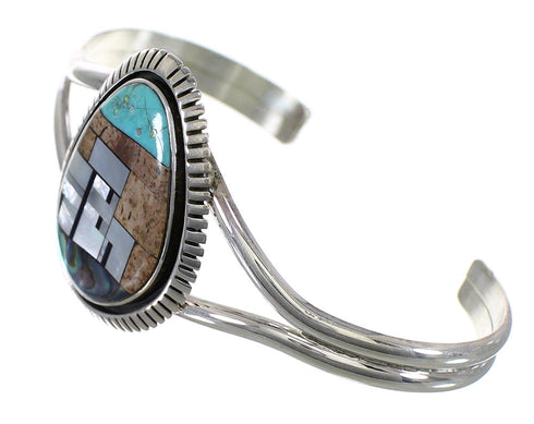 Genuine Sterling Silver And Multicolor Inlay Native American Village Design Cuff Bracelet VX63925