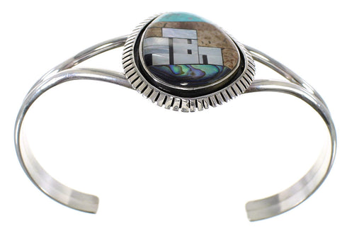 Genuine Sterling Silver And Multicolor Inlay Native American Village Design Cuff Bracelet VX63925
