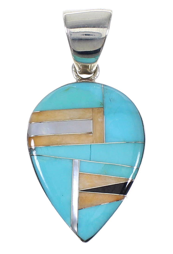 Genuine Sterling Silver And Multicolor Tear Drop Southwest Pendant VX64483
