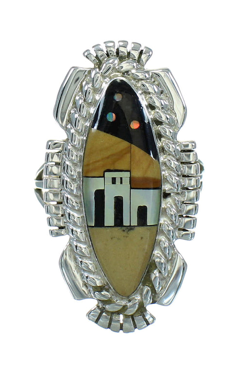 Multicolor Inlay Silver Native American Village Design Ring Size 8-3/4 AX79227