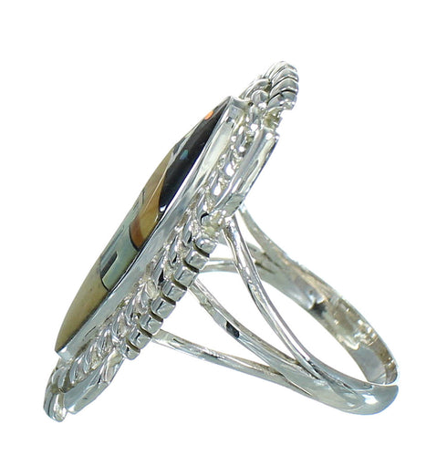 Native American Village Design Multicolor Inlay Silver Ring Size 8 AX79235