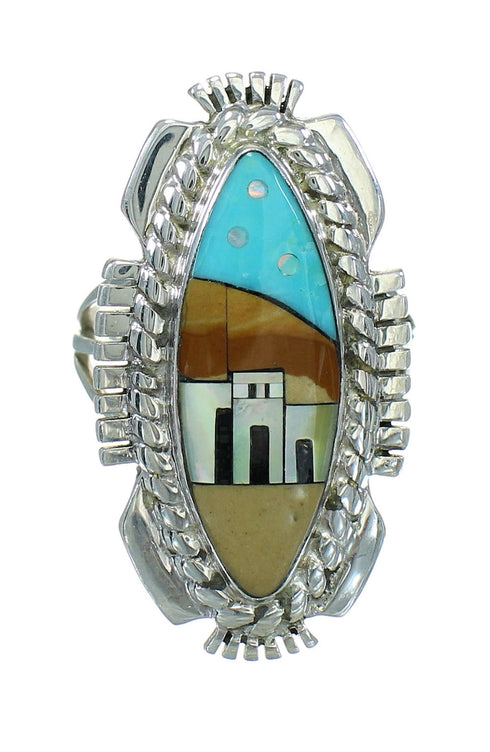 Silver Multicolor Native American Pueblo Design Southwest Ring Size 7 AX79274