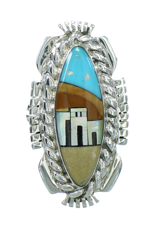 Silver Multicolor Inlay Native American Pueblo Design Ring Size 7-1/2 AX79842