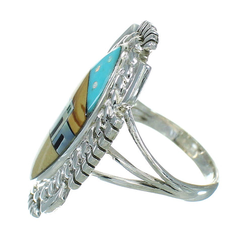 Silver Multicolor Inlay Southwest Native American Pueblo Design Ring Size 6-1/2 AX79293