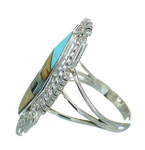 Multicolor Southwestern Silver Native American Pueblo Design Ring Size 8-3/4 AX79297