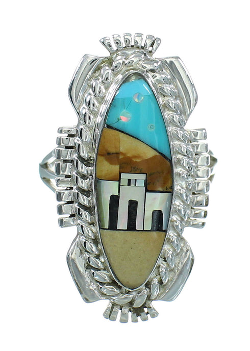 Multicolor Southwest Silver Native American Pueblo Design Ring Size 7-1/2 AX79299