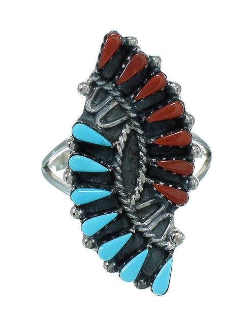 Turquoise And Coral Needlepoint Sterling Silver Ring Size 8 AX81856