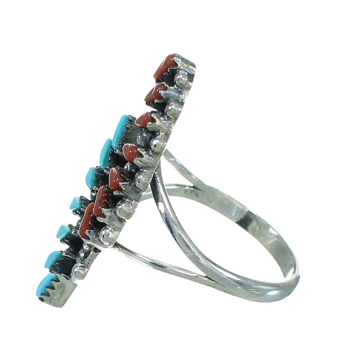 Turquoise And Coral Needlepoint Sterling Silver Ring Size 8 AX81856