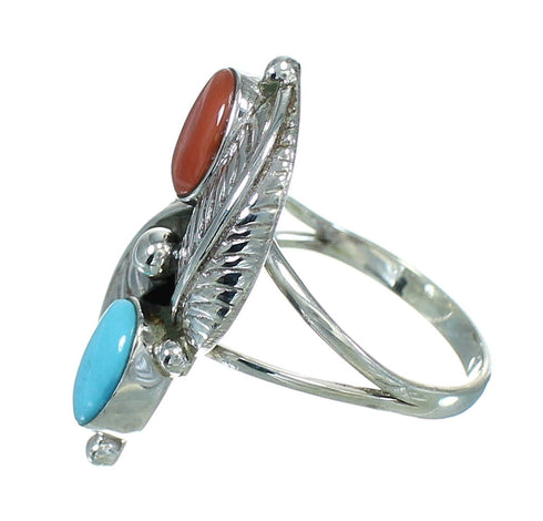 Coral And Turquoise Silver Leaf Ring Size 6-1/2 AX81878