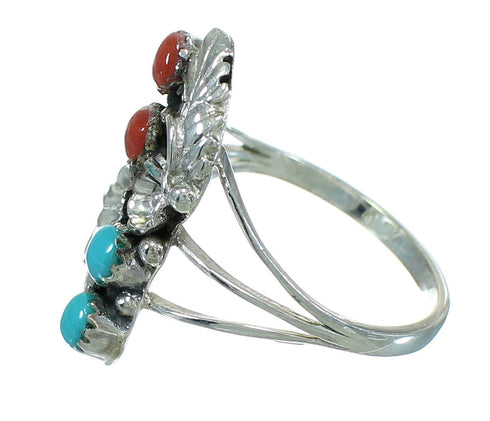 Silver Coral And Turquoise Flower Ring Size 6-3/4 AX81935
