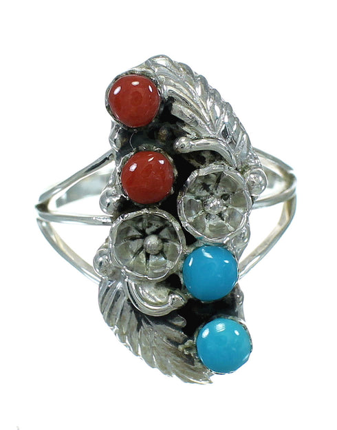 Sterling Silver Coral And Turquoise Flower Southwest Ring Size 7-1/2 AX82001