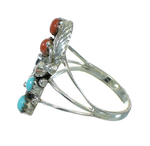 Turquoise And Coral Silver Flower Ring Size 5-1/2 AX82018