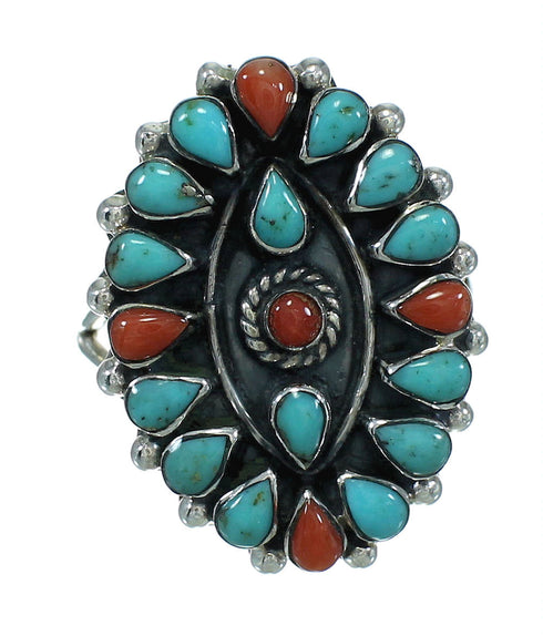 Turquoise And Coral Sterling Silver Southwest Ring Size 6-3/4 AX82024