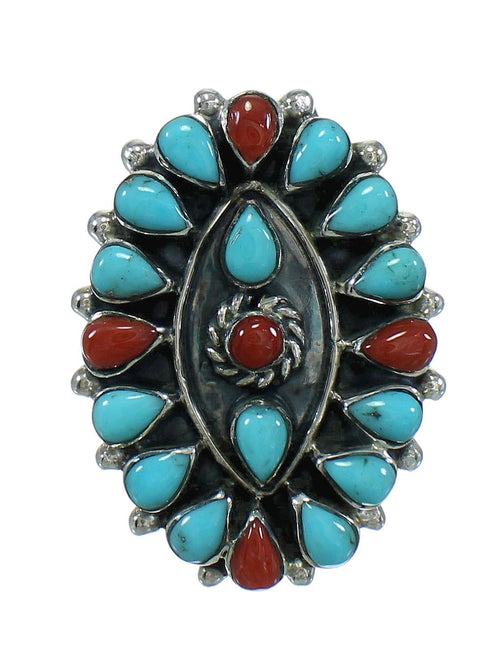 Turquoise And Coral Authentic Sterling Silver Southwest Ring Size 6-1/2 AX82047