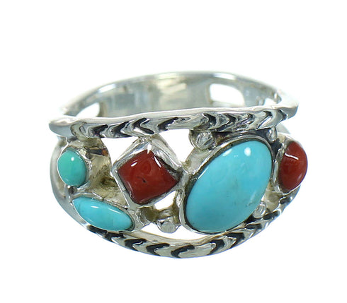 Turquoise And Coral Silver Southwestern Jewelry Ring Size 5-1/2 AX82064