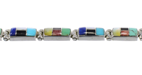 Multicolor Inlay Genuine Sterling Silver Link Bracelet AX65942