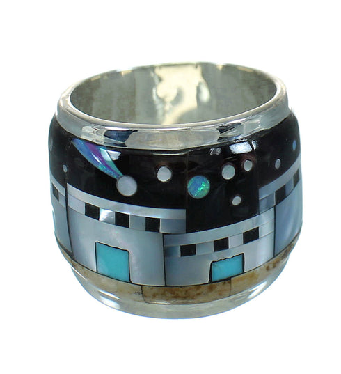 Silver Native American Pueblo Design Multicolor Ring Size 7-3/4 QX70455