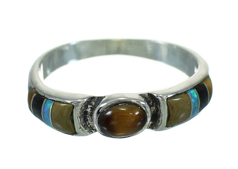 Southwest Authentic Sterling Silver Multicolor Inlay Ring Size 7-3/4 QX70727